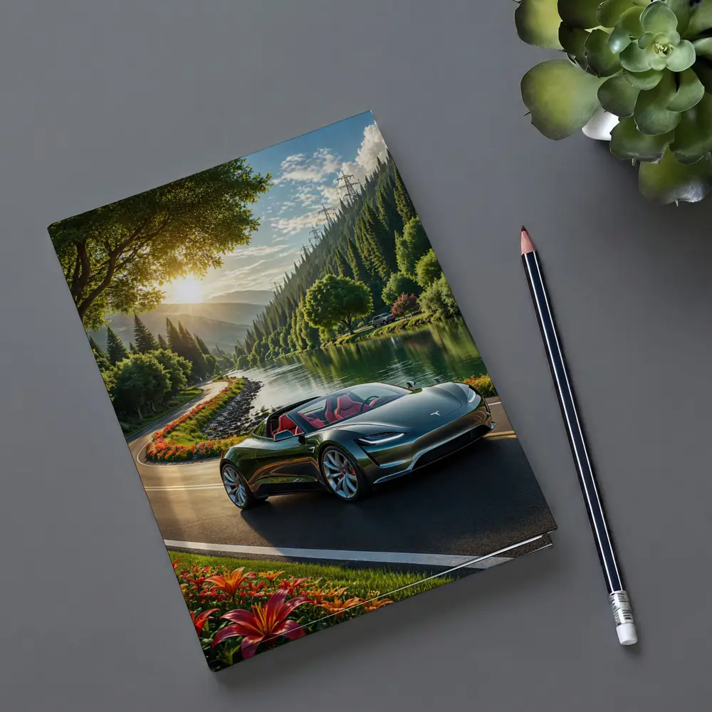 Tesla Roadster Speeding Along Scenic River Road – Notebooks
