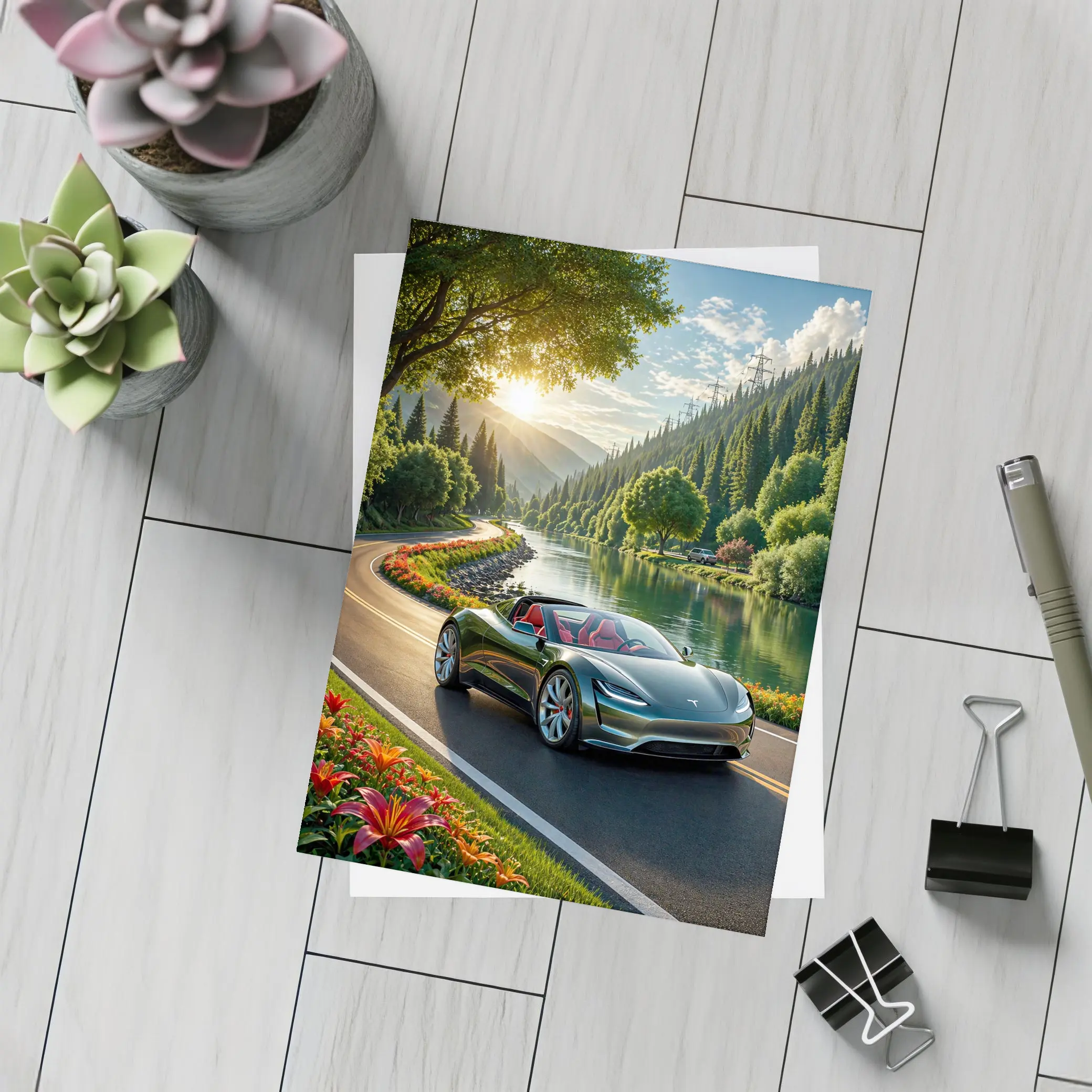 Tesla Roadster Speeding Along Scenic River Road – Postcards