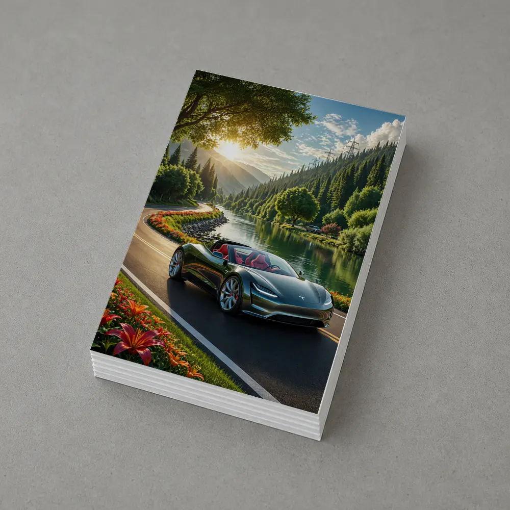 Tesla Roadster Speeding Along Scenic River Road – Postcards