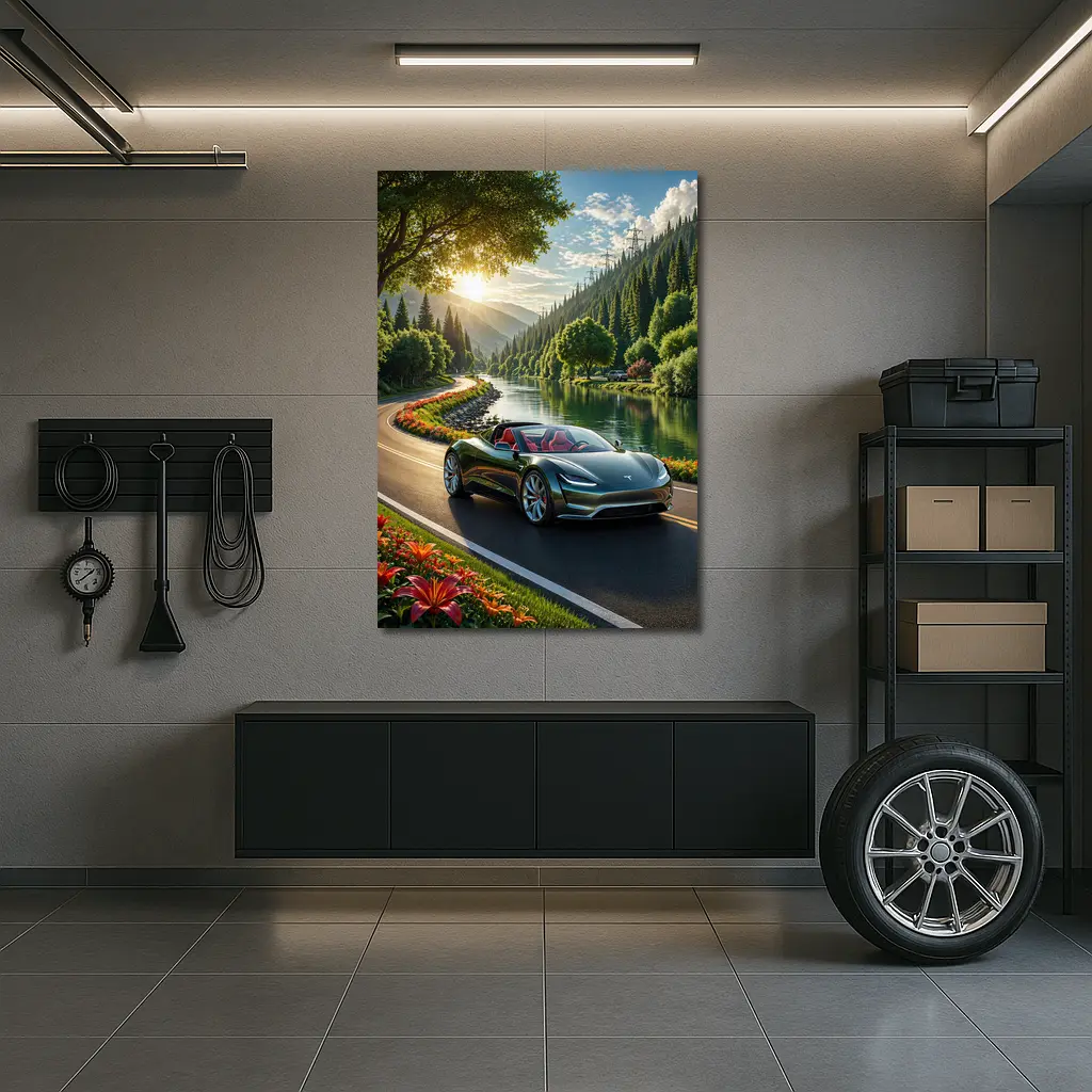 Tesla Roadster Speeding Along Scenic River Road – Wall Art