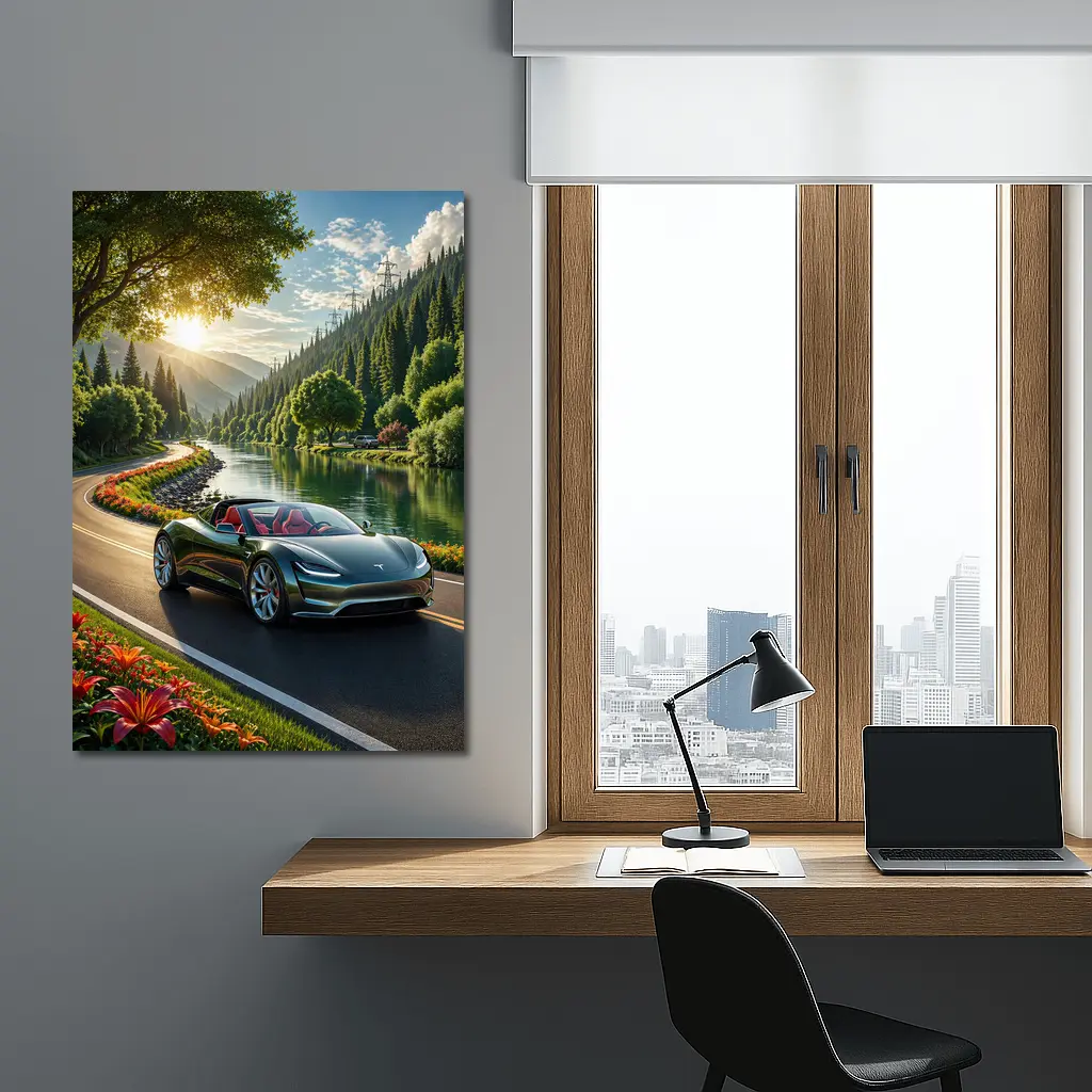 Tesla Roadster Speeding Along Scenic River Road – Wall Art