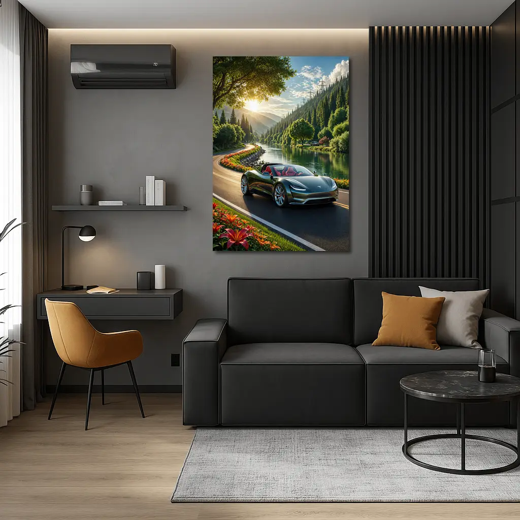 Tesla Roadster Speeding Along Scenic River Road – Wall Art