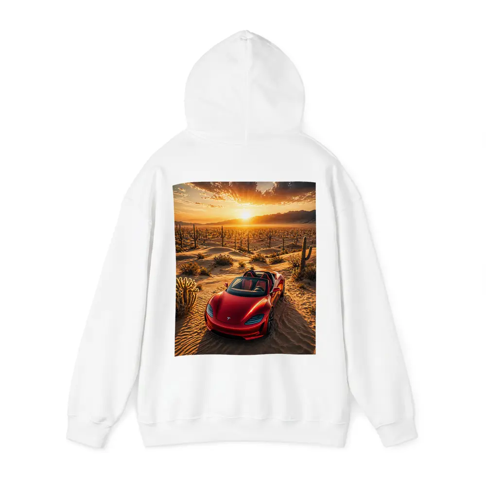 Tesla Roadster Red Desert Sunset Scene – Hoodies