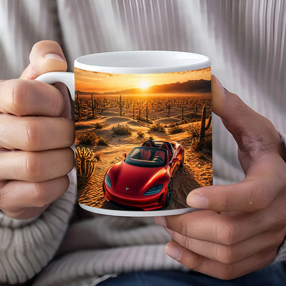 Tesla Roadster Red Desert Sunset Scene – Mugs
