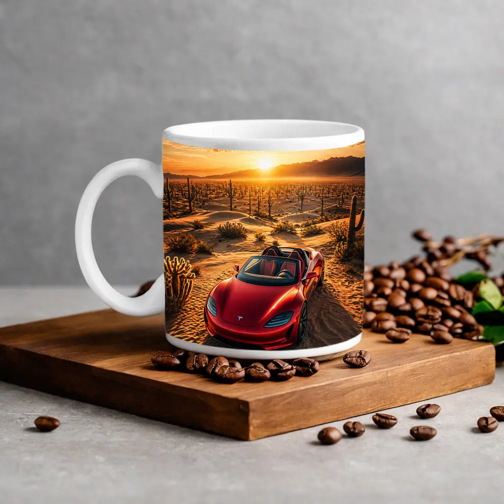 Tesla Roadster Red Desert Sunset Scene – Mugs