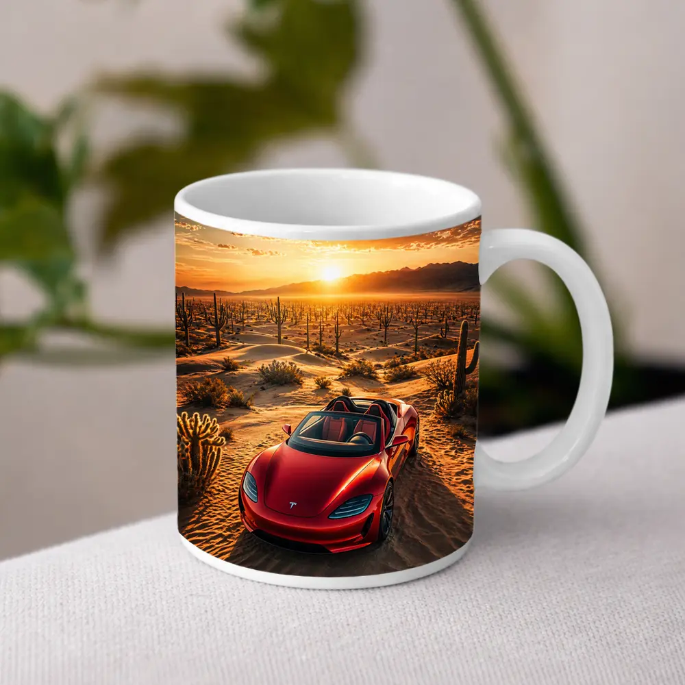 Tesla Roadster Red Desert Sunset Scene – Mugs