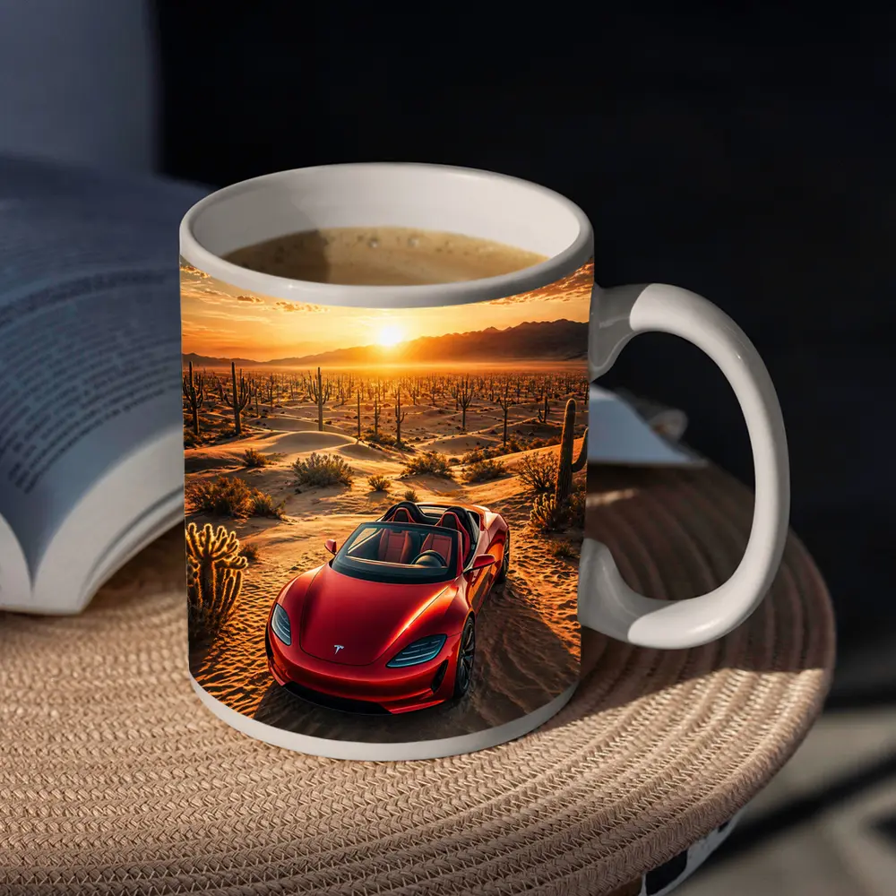 Tesla Roadster Red Desert Sunset Scene – Mugs