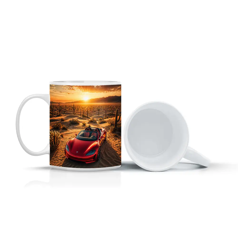 Tesla Roadster Red Desert Sunset Scene – Mugs
