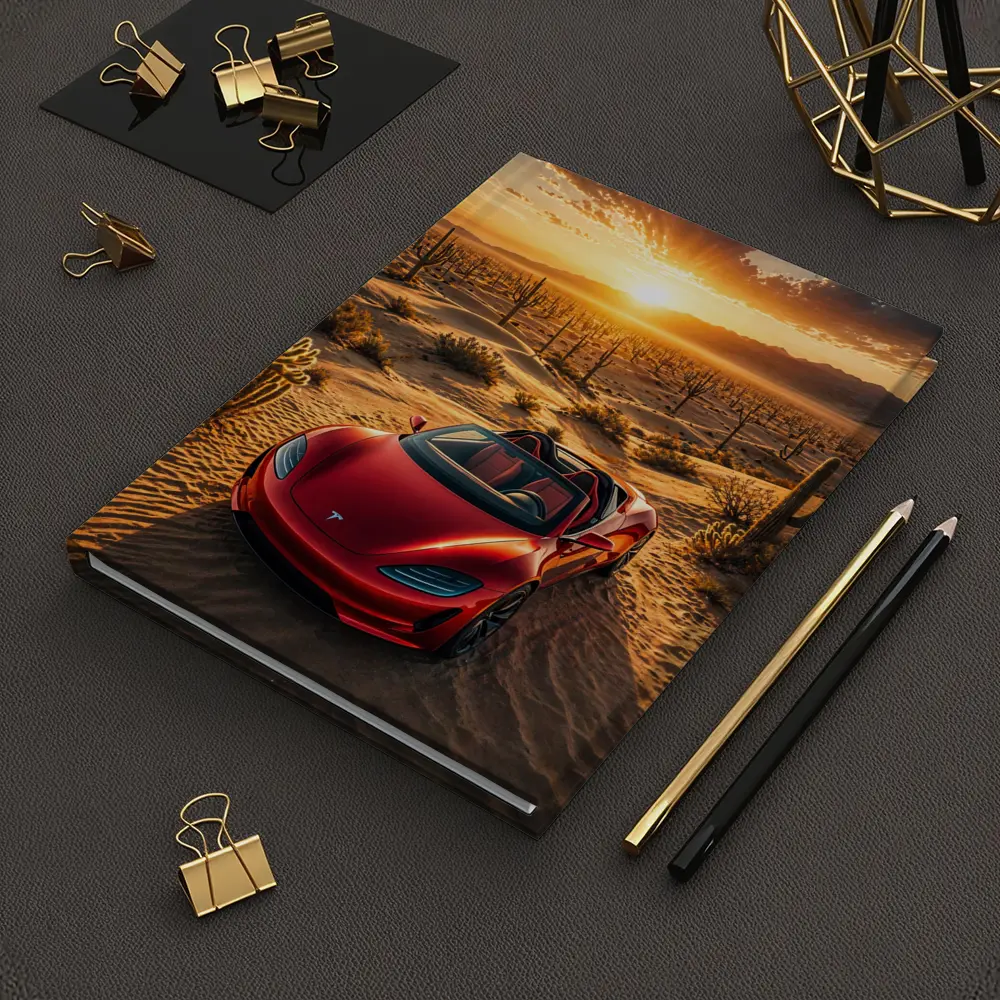Tesla Roadster Red Desert Sunset Scene – Notebooks