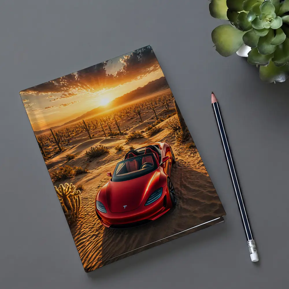 Tesla Roadster Red Desert Sunset Scene – Notebooks