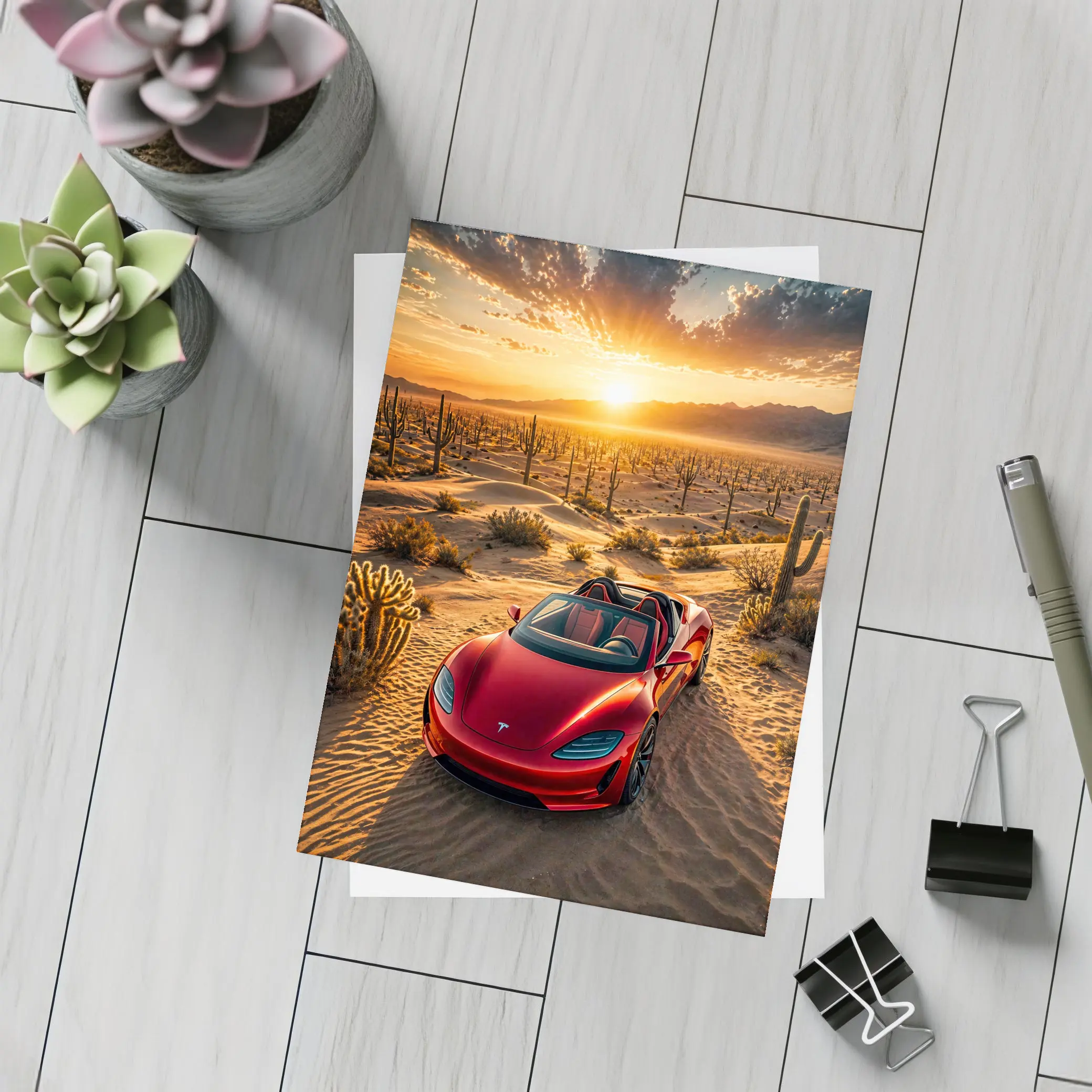 Tesla Roadster Red Desert Sunset Scene – Postcards