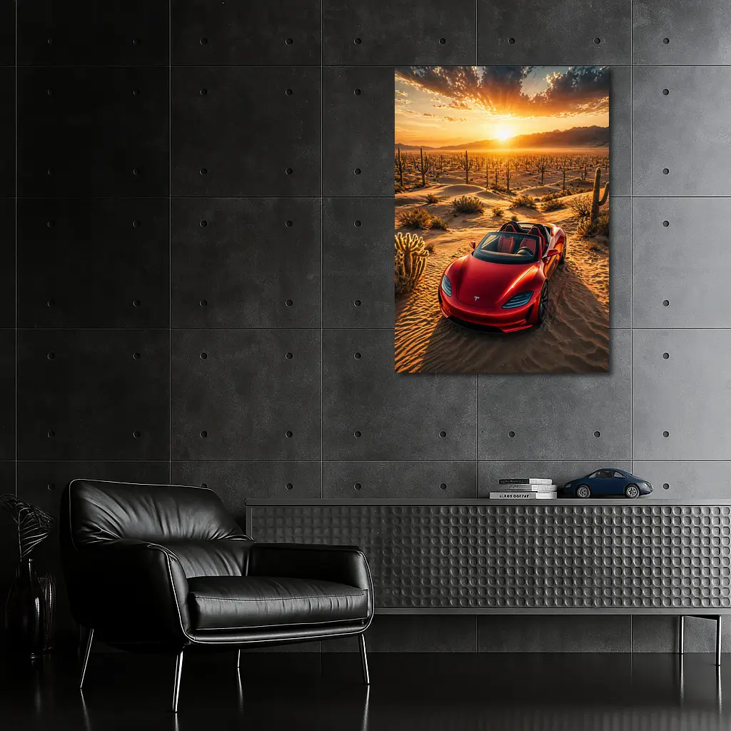 Tesla Roadster Red Desert Sunset Scene – Wall Art
