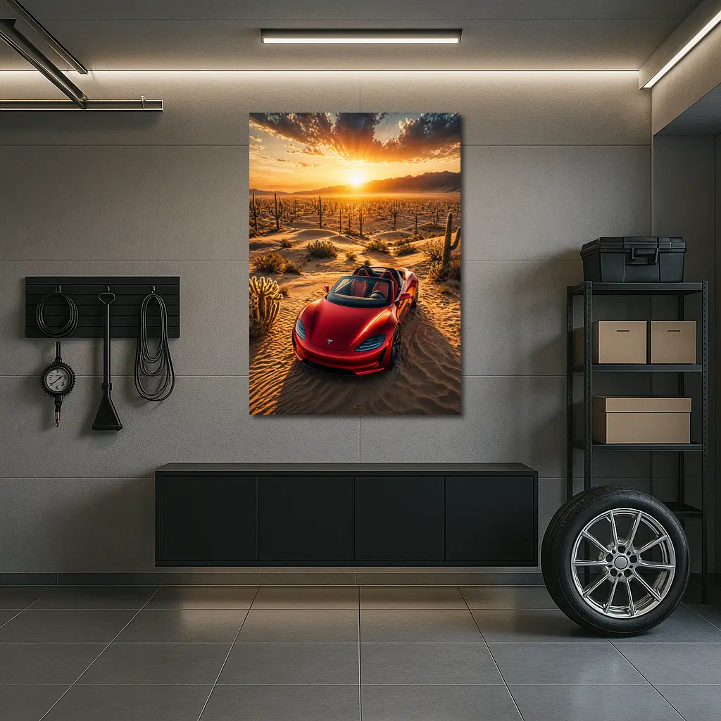 Tesla Roadster Red Desert Sunset Scene – Wall Art