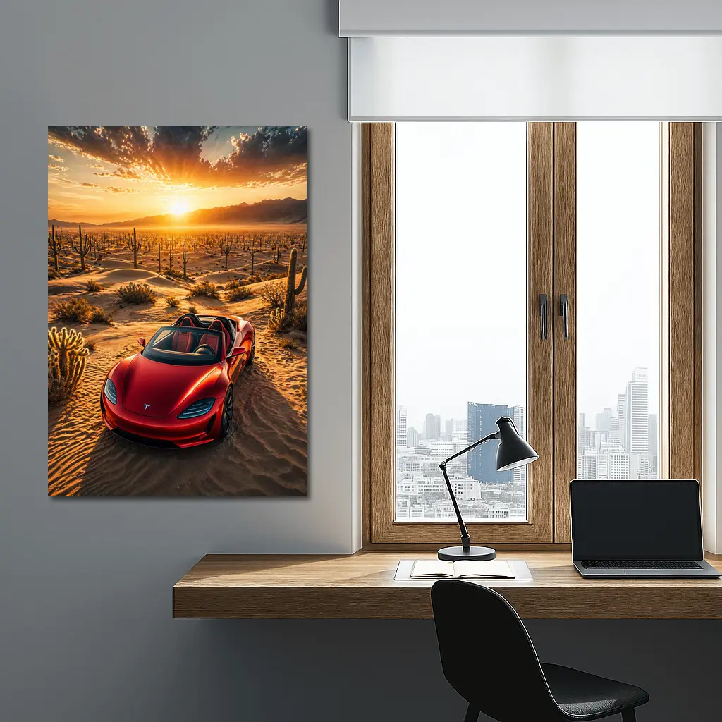 Tesla Roadster Red Desert Sunset Scene – Wall Art