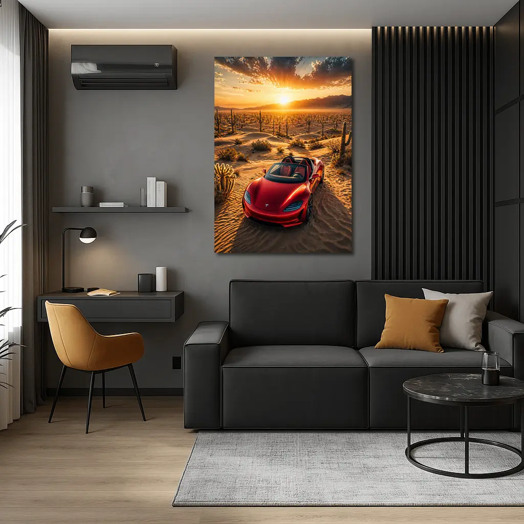 Tesla Roadster Red Desert Sunset Scene – Wall Art