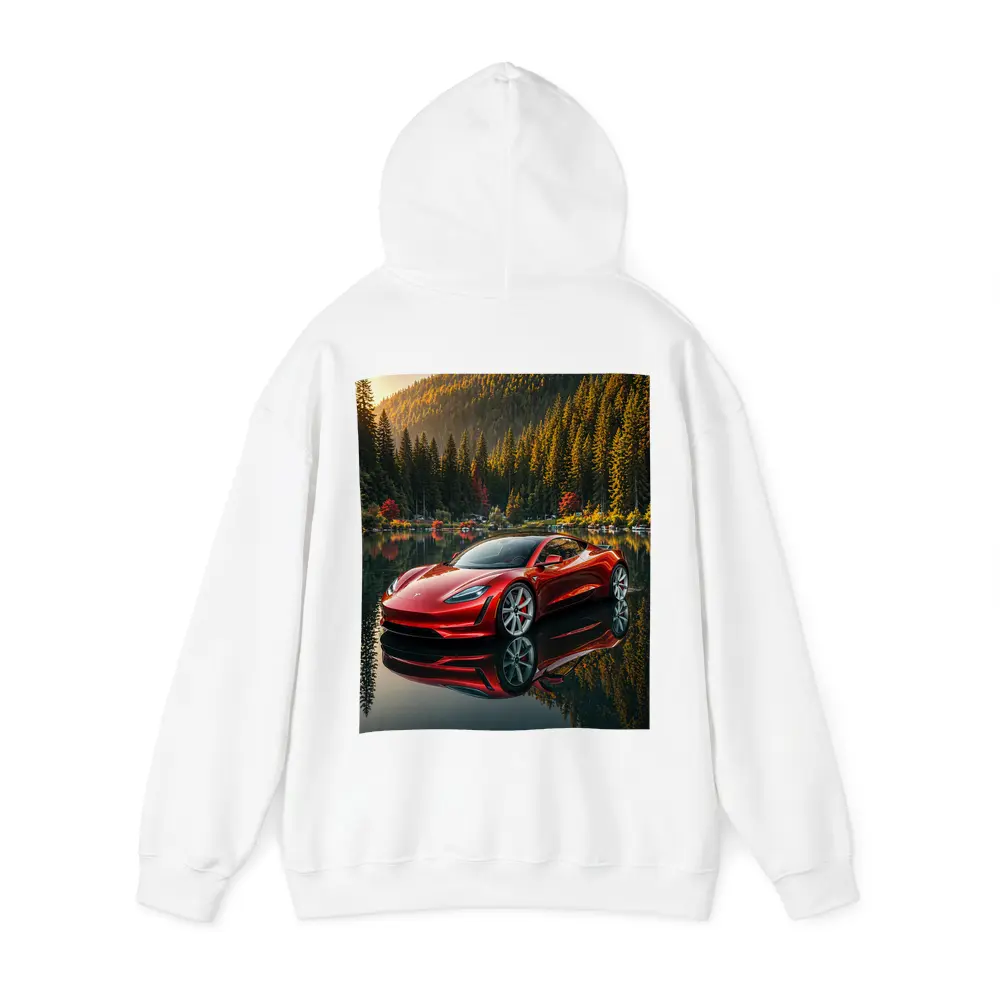 Tesla Roadster Red Reflected Forest Lake – Hoodies