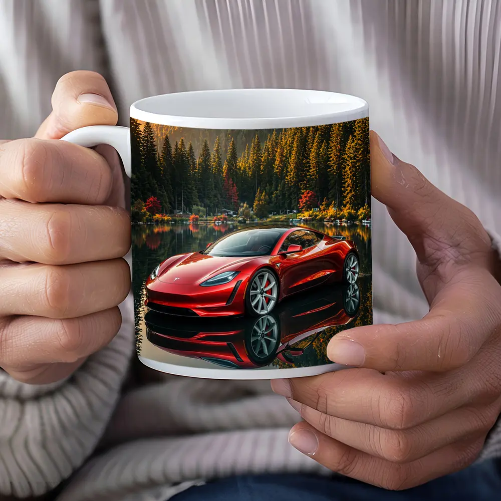Tesla Roadster Red Reflected Forest Lake – Mugs