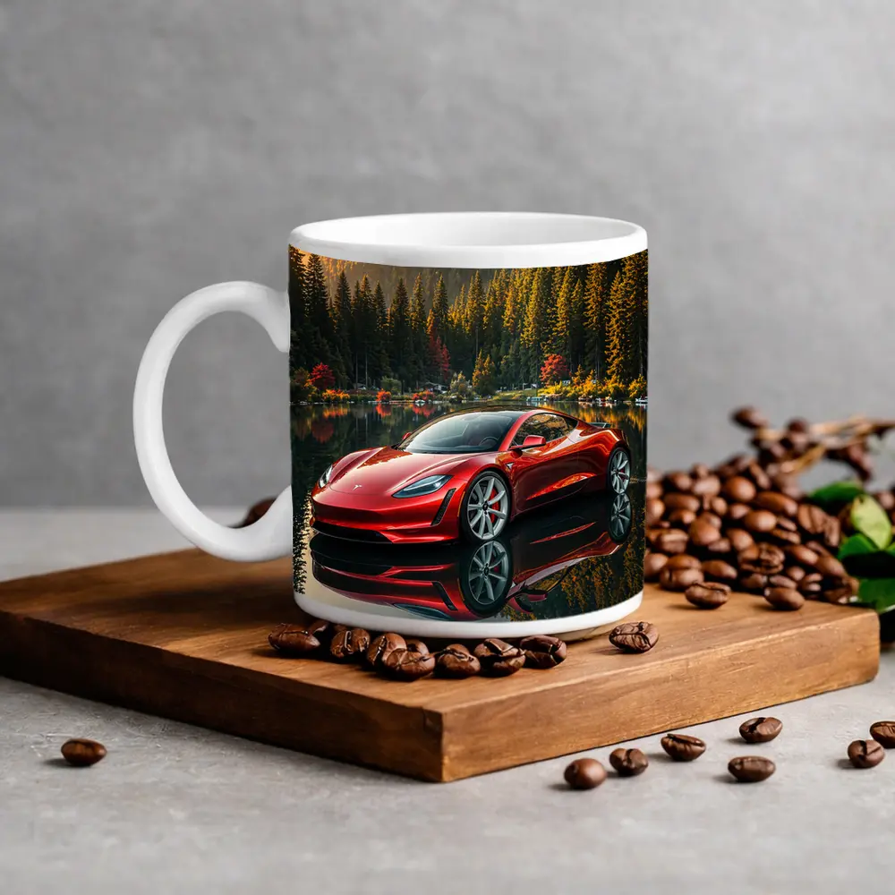 Tesla Roadster Red Reflected Forest Lake – Mugs