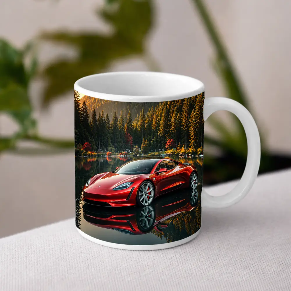 Tesla Roadster Red Reflected Forest Lake – Mugs