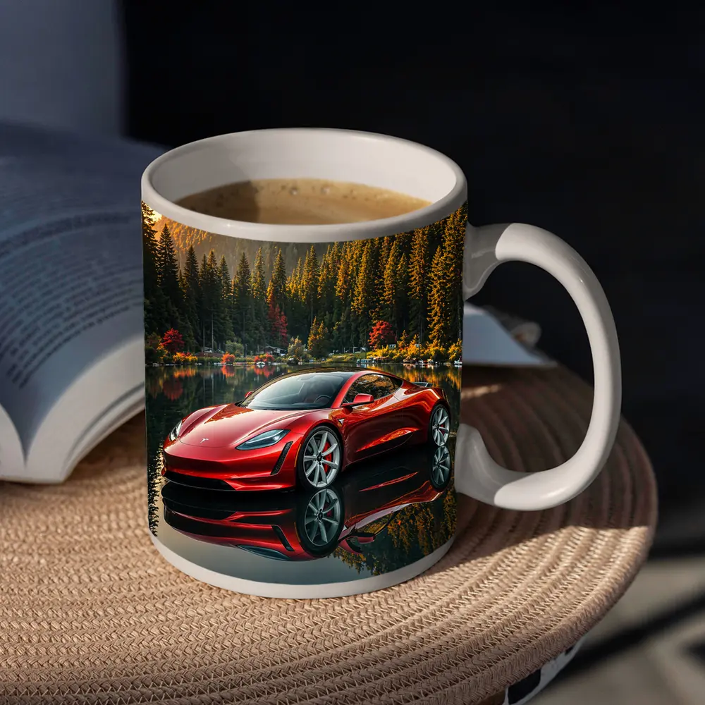 Tesla Roadster Red Reflected Forest Lake – Mugs