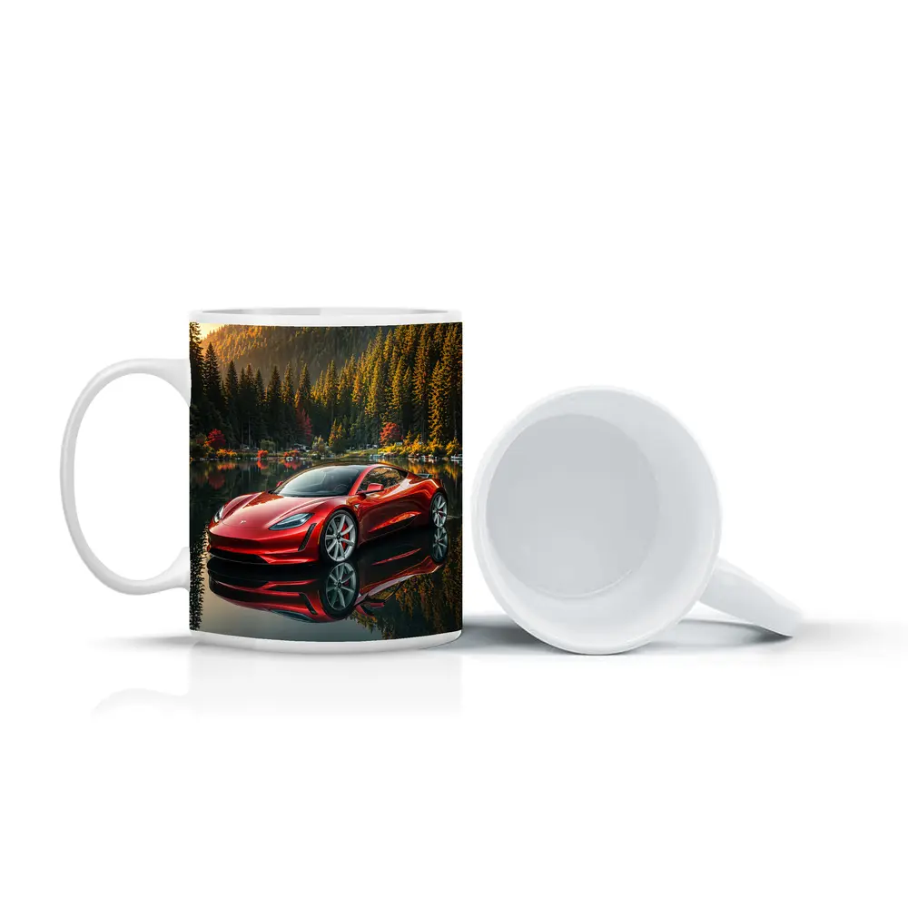 Tesla Roadster Red Reflected Forest Lake – Mugs