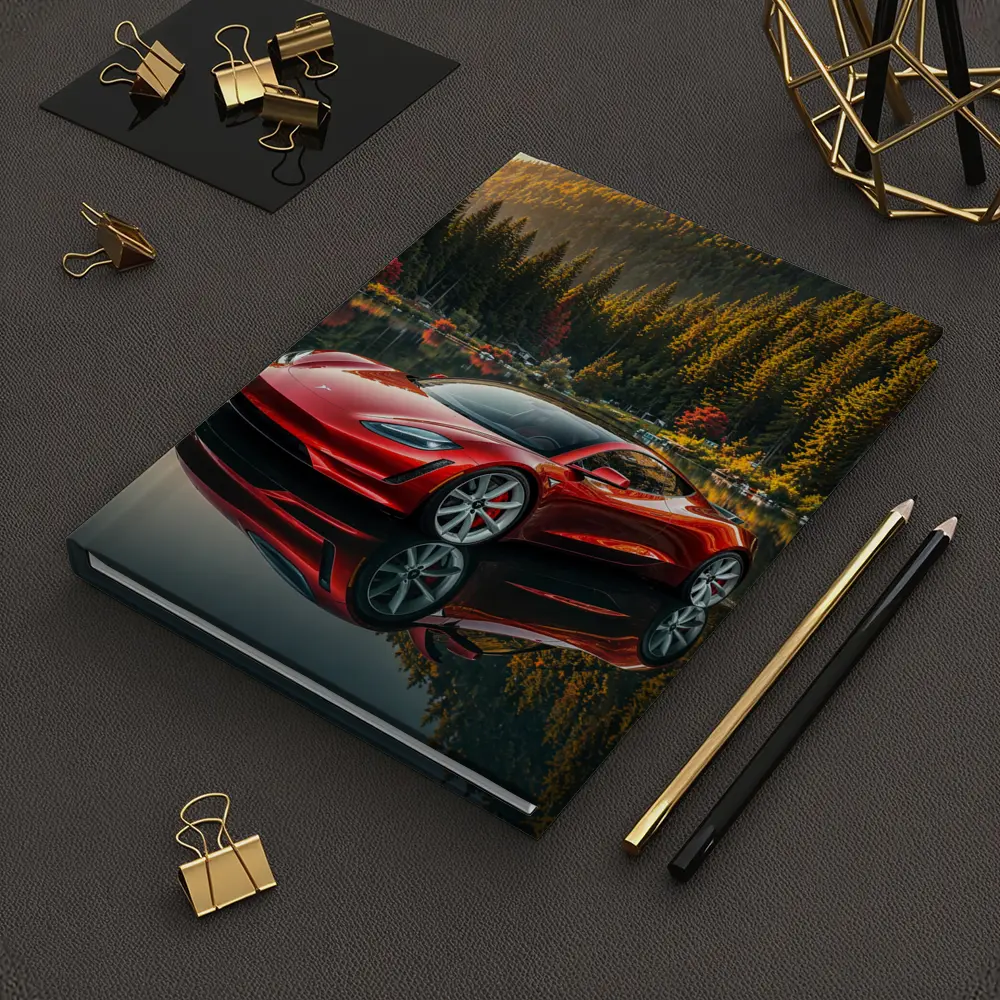 Tesla Roadster Red Reflected Forest Lake – Notebooks