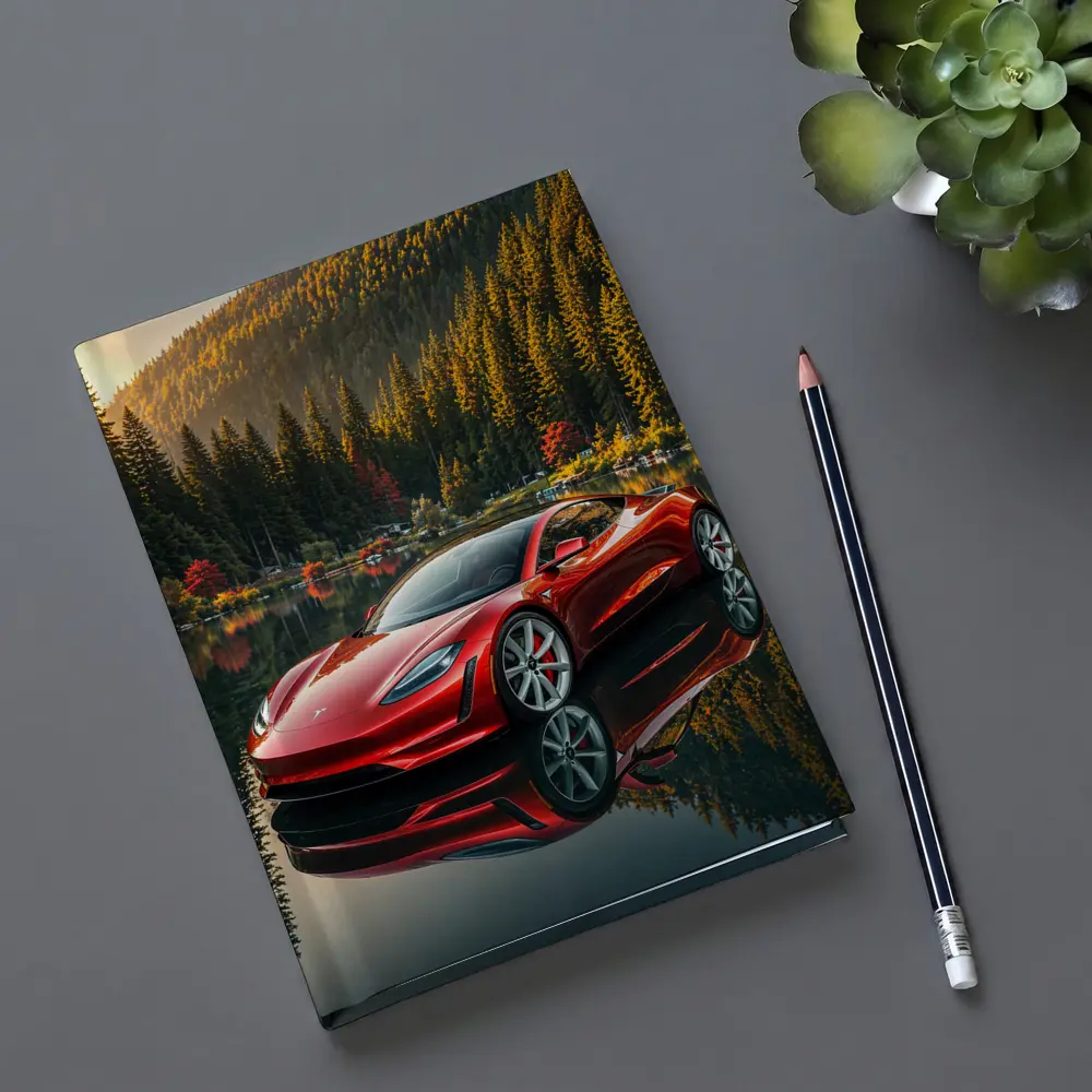 Tesla Roadster Red Reflected Forest Lake – Notebooks