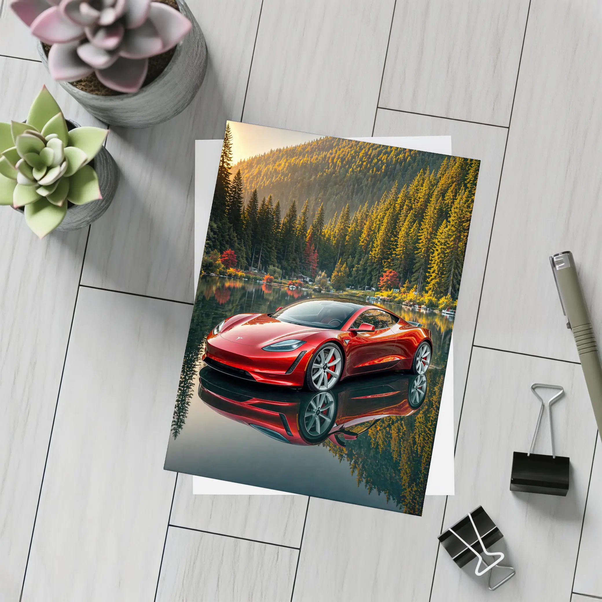 Tesla Roadster Red Reflected Forest Lake – Postcards