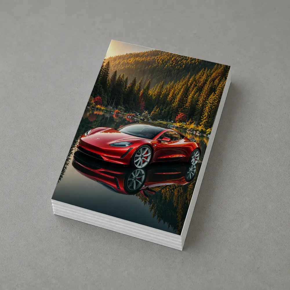 Tesla Roadster Red Reflected Forest Lake – Postcards