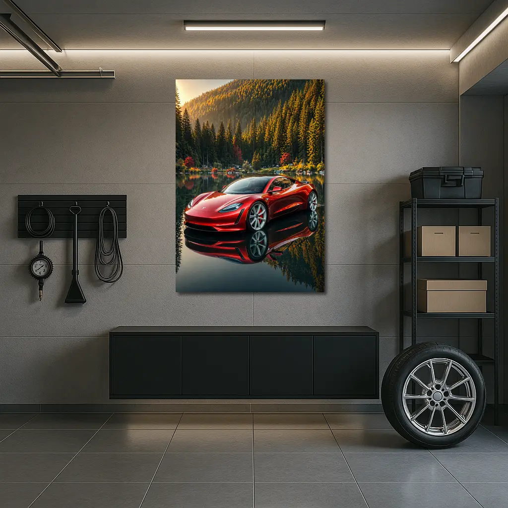 Tesla Roadster Red Reflected Forest Lake – Wall Art