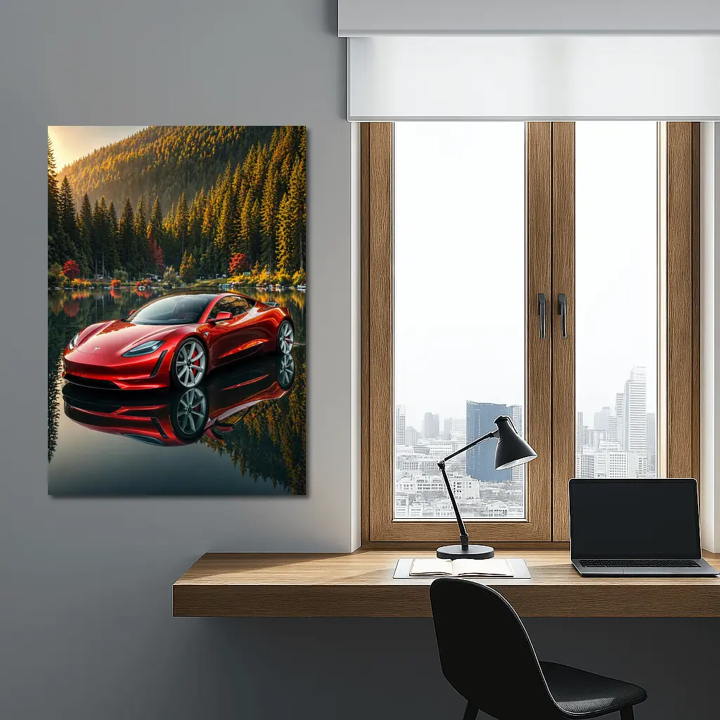 Tesla Roadster Red Reflected Forest Lake – Wall Art
