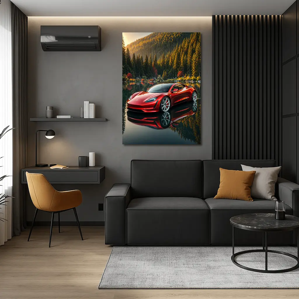 Tesla Roadster Red Reflected Forest Lake – Wall Art
