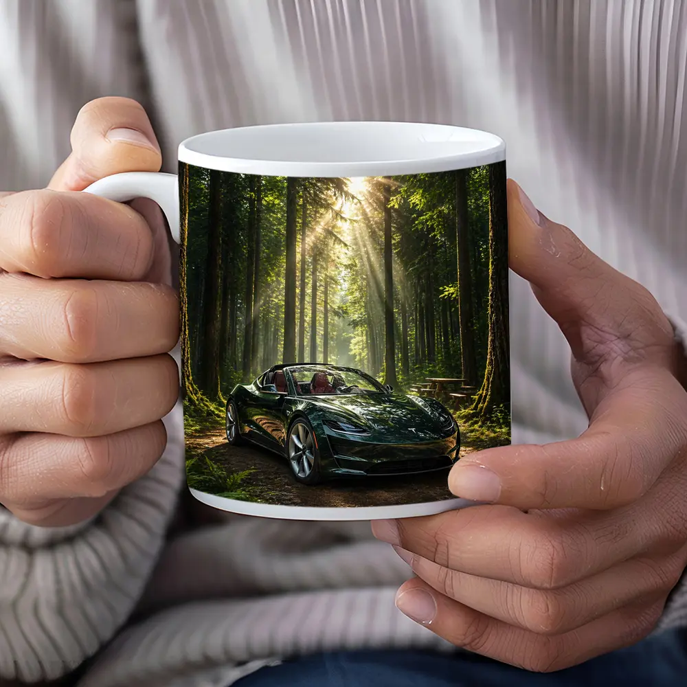 Tesla Roadster Dark Green Forest Sunlight – Mugs