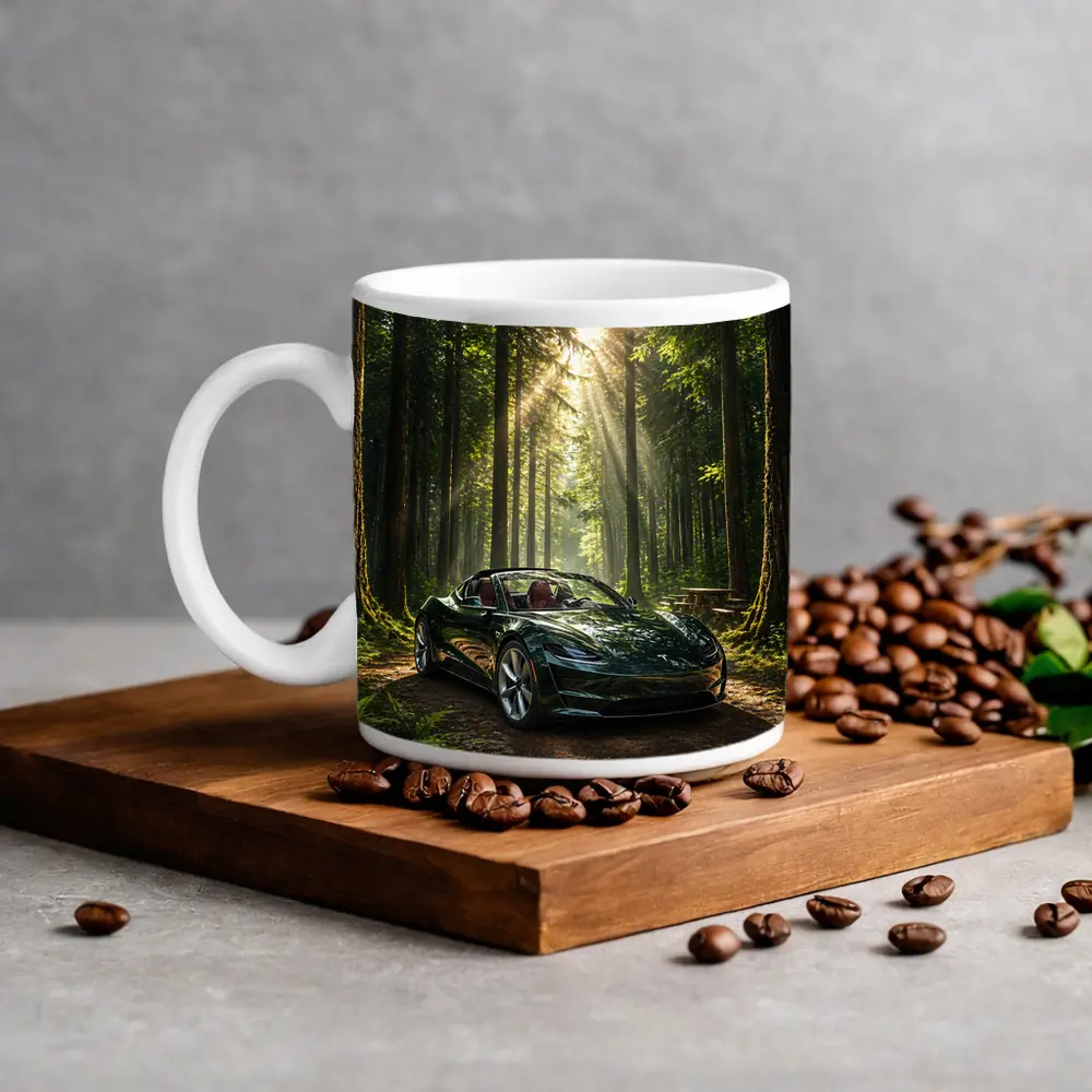 Tesla Roadster Dark Green Forest Sunlight – Mugs