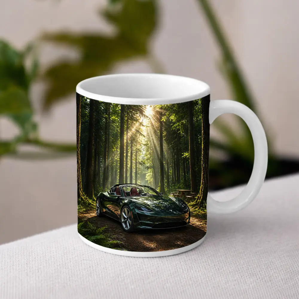 Tesla Roadster Dark Green Forest Sunlight – Mugs