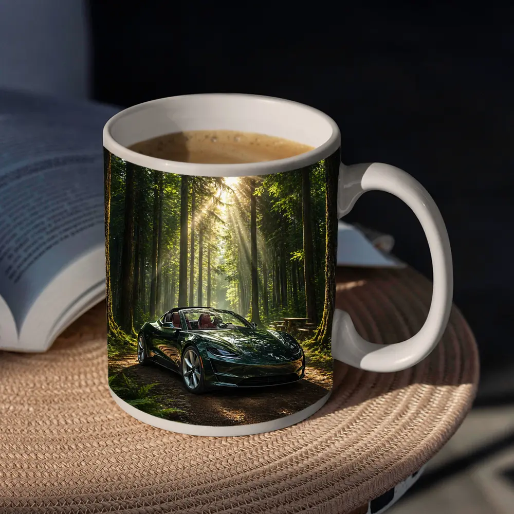Tesla Roadster Dark Green Forest Sunlight – Mugs
