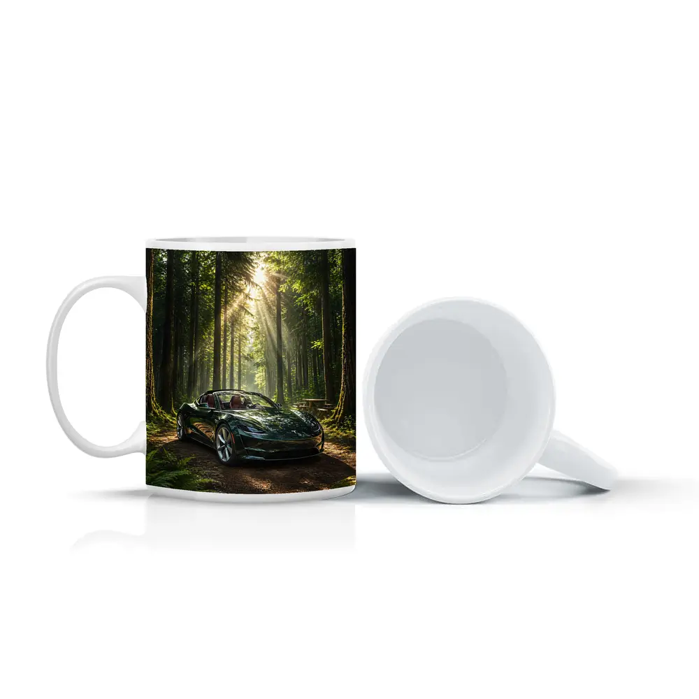 Tesla Roadster Dark Green Forest Sunlight – Mugs