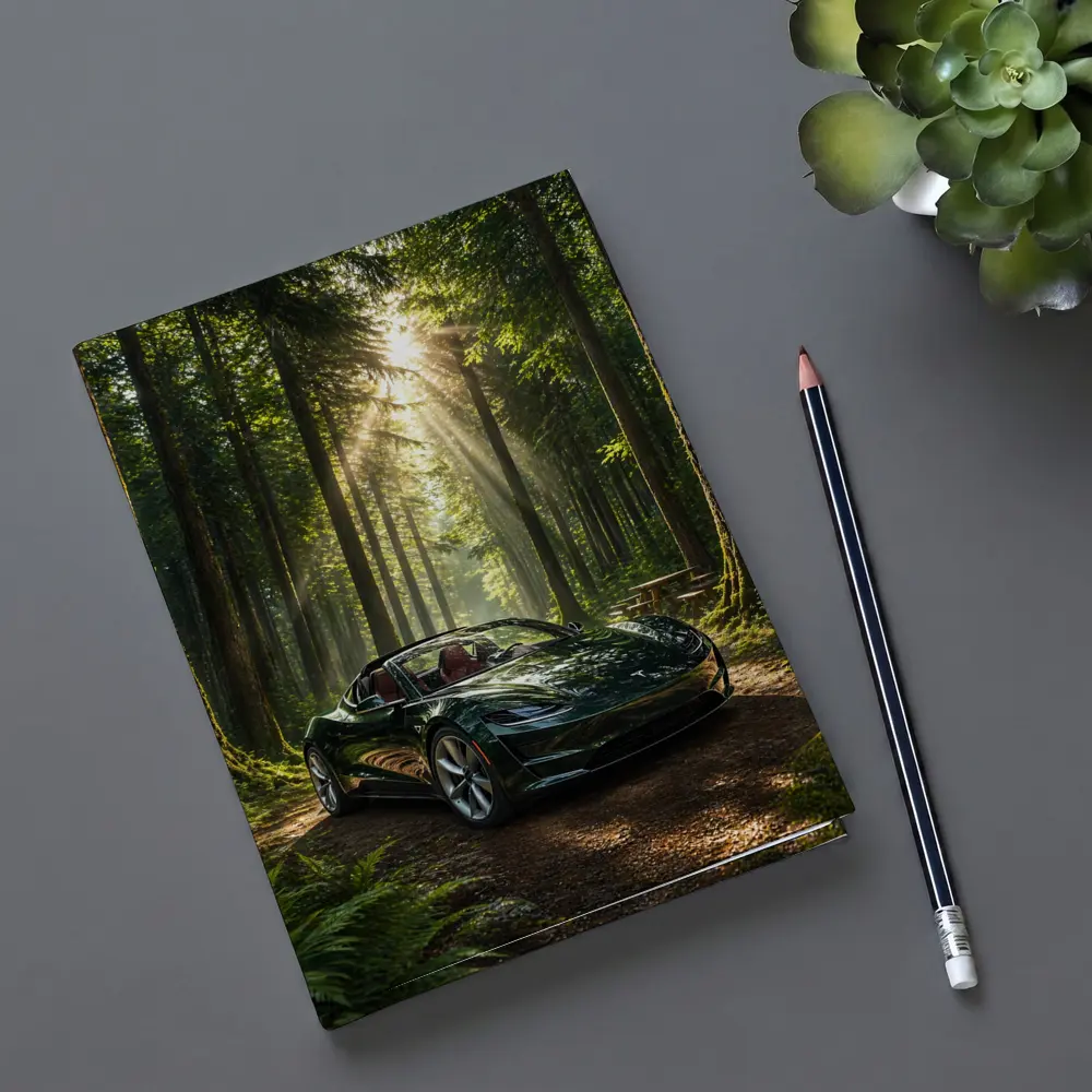 Tesla Roadster Dark Green Forest Sunlight – Notebooks