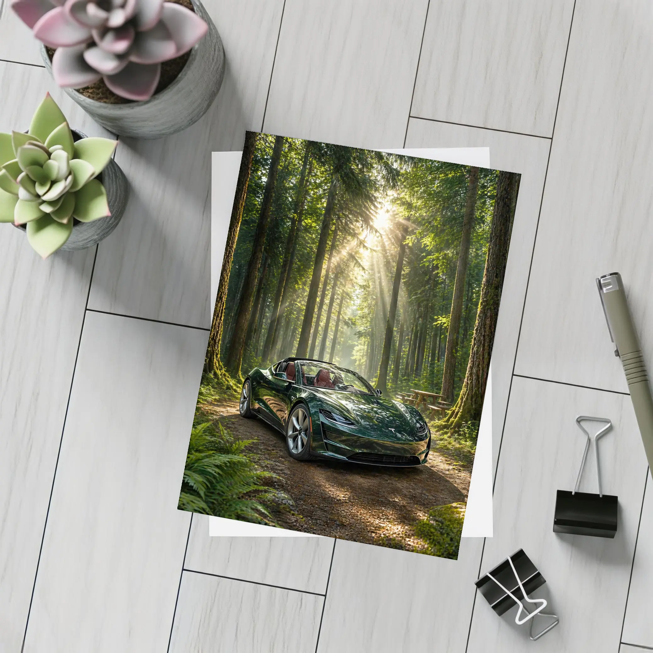 Tesla Roadster Dark Green Forest Sunlight – Postcards
