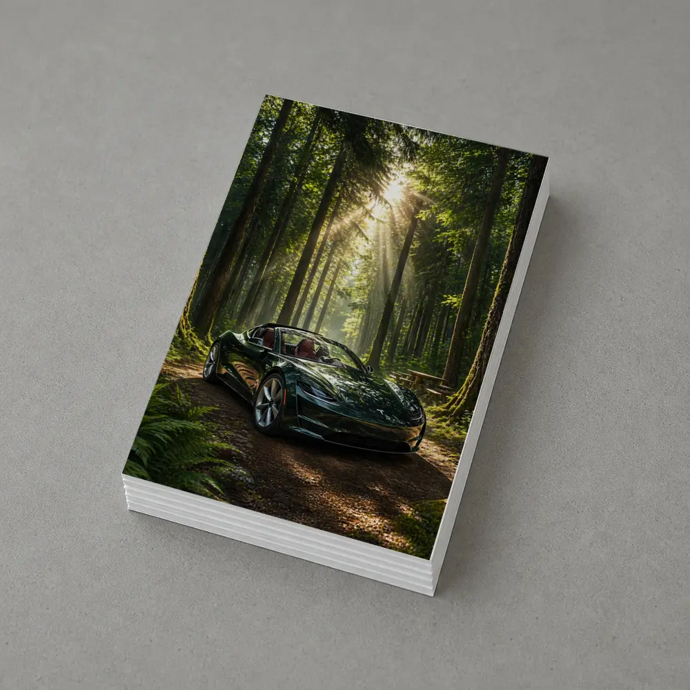 Tesla Roadster Dark Green Forest Sunlight – Postcards