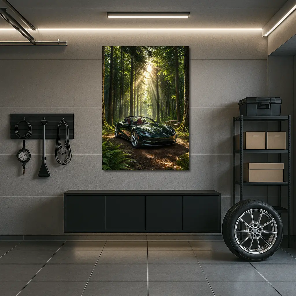 Tesla Roadster Dark Green Forest Sunlight – Wall Art