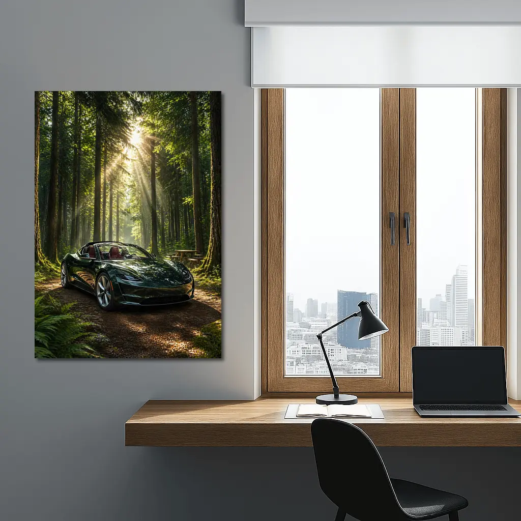 Tesla Roadster Dark Green Forest Sunlight – Wall Art