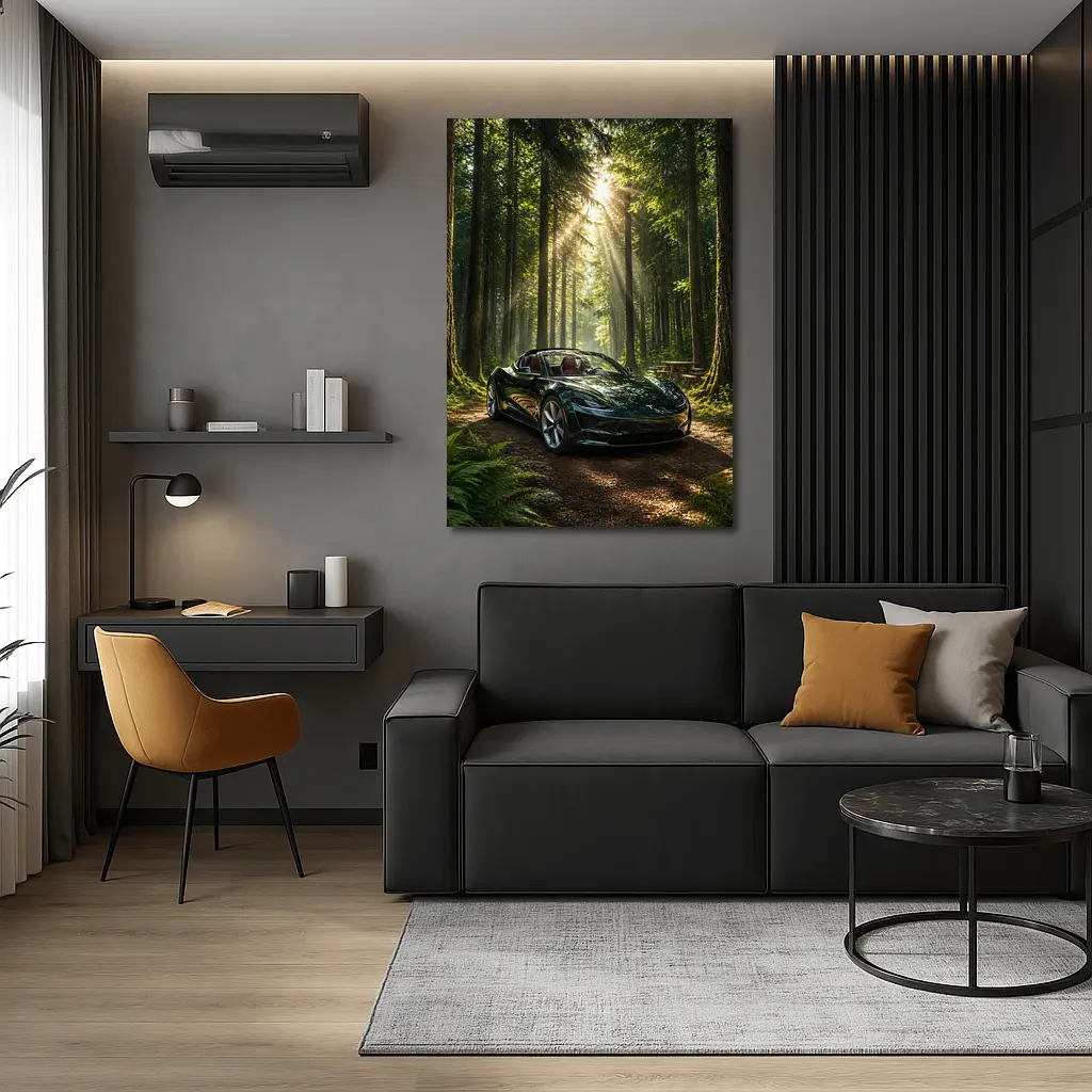 Tesla Roadster Dark Green Forest Sunlight – Wall Art