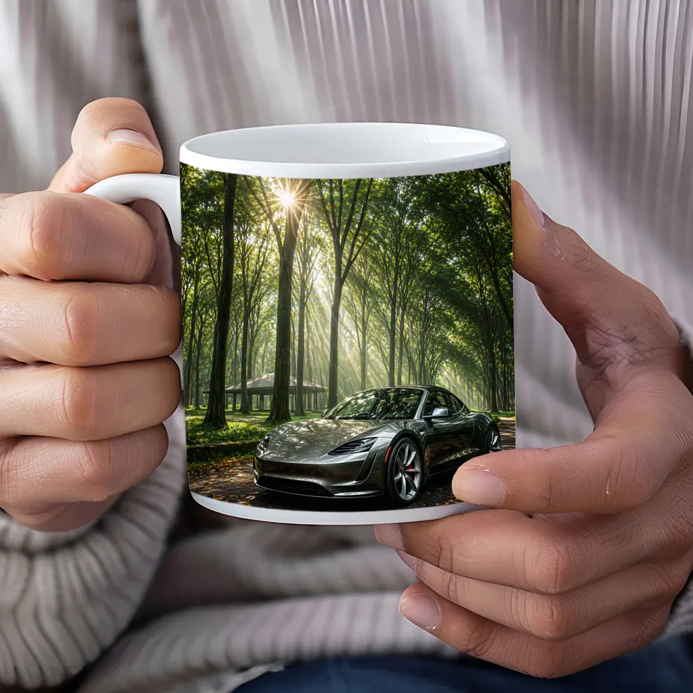 Tesla Roadster Silver Car Forest Sunlight – Mugs