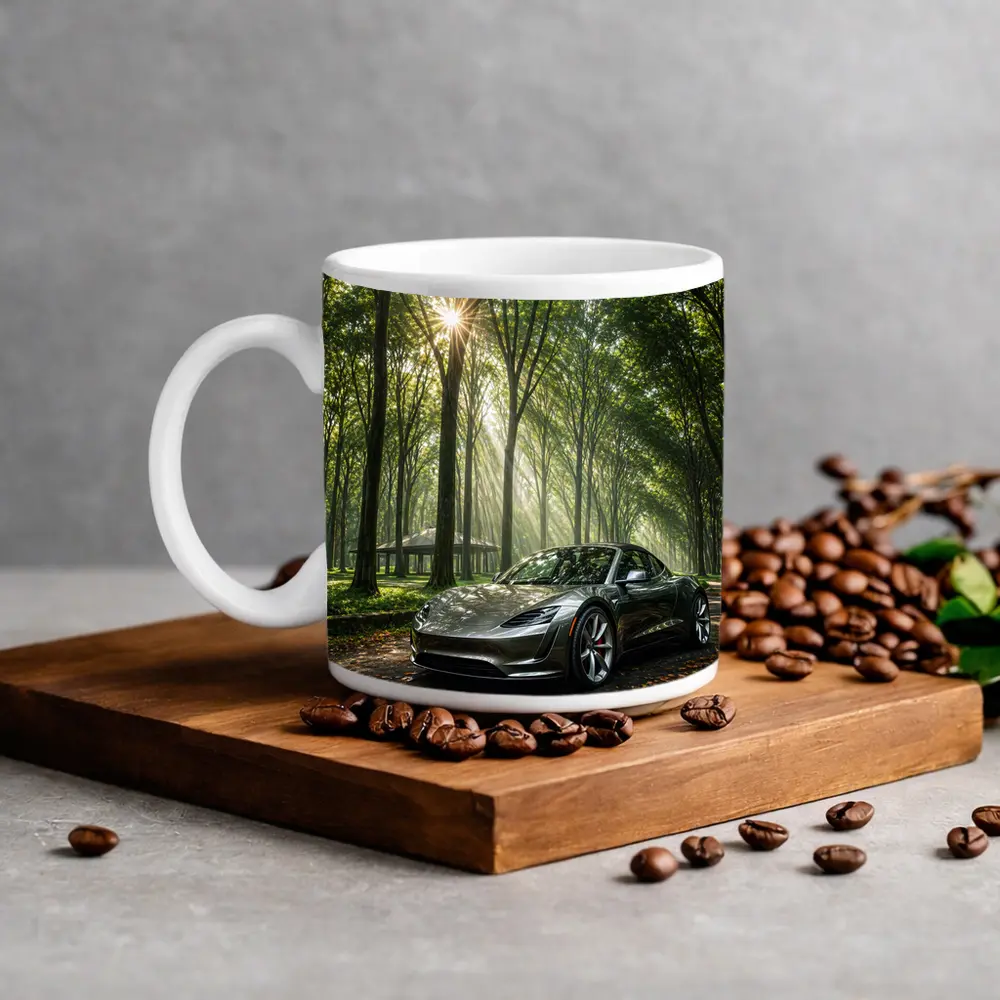 Tesla Roadster Silver Car Forest Sunlight – Mugs
