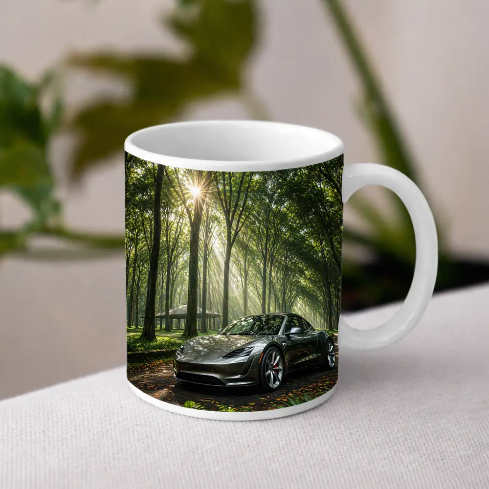 Tesla Roadster Silver Car Forest Sunlight – Mugs