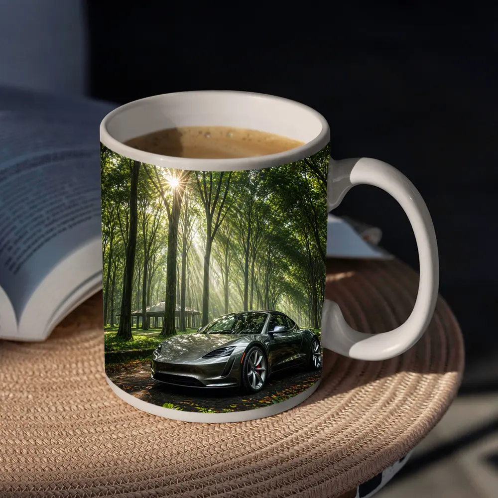 Tesla Roadster Silver Car Forest Sunlight – Mugs