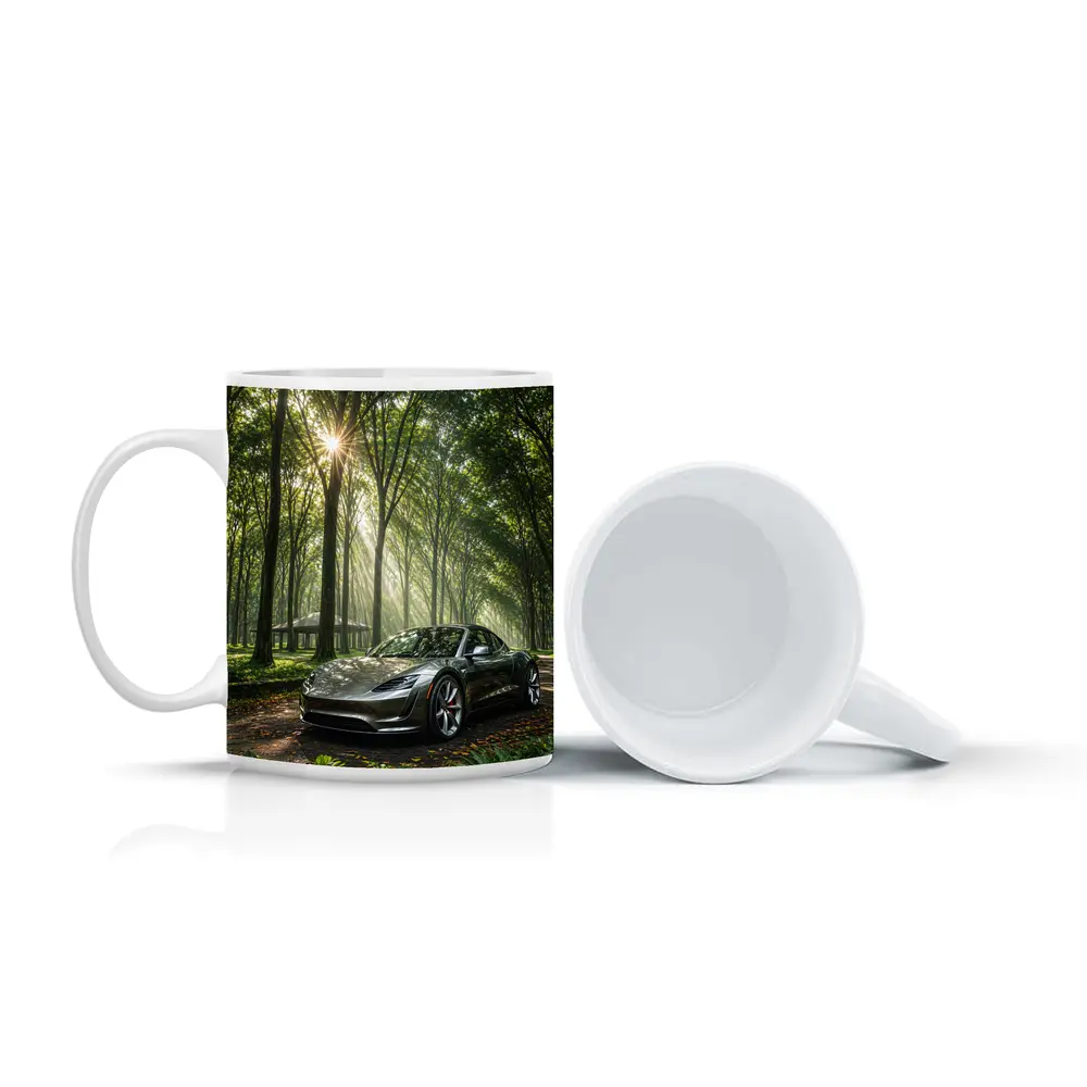 Tesla Roadster Silver Car Forest Sunlight – Mugs