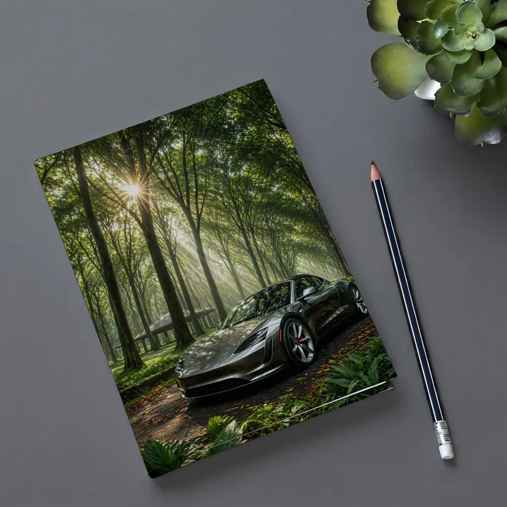 Tesla Roadster Silver Car Forest Sunlight – Notebooks