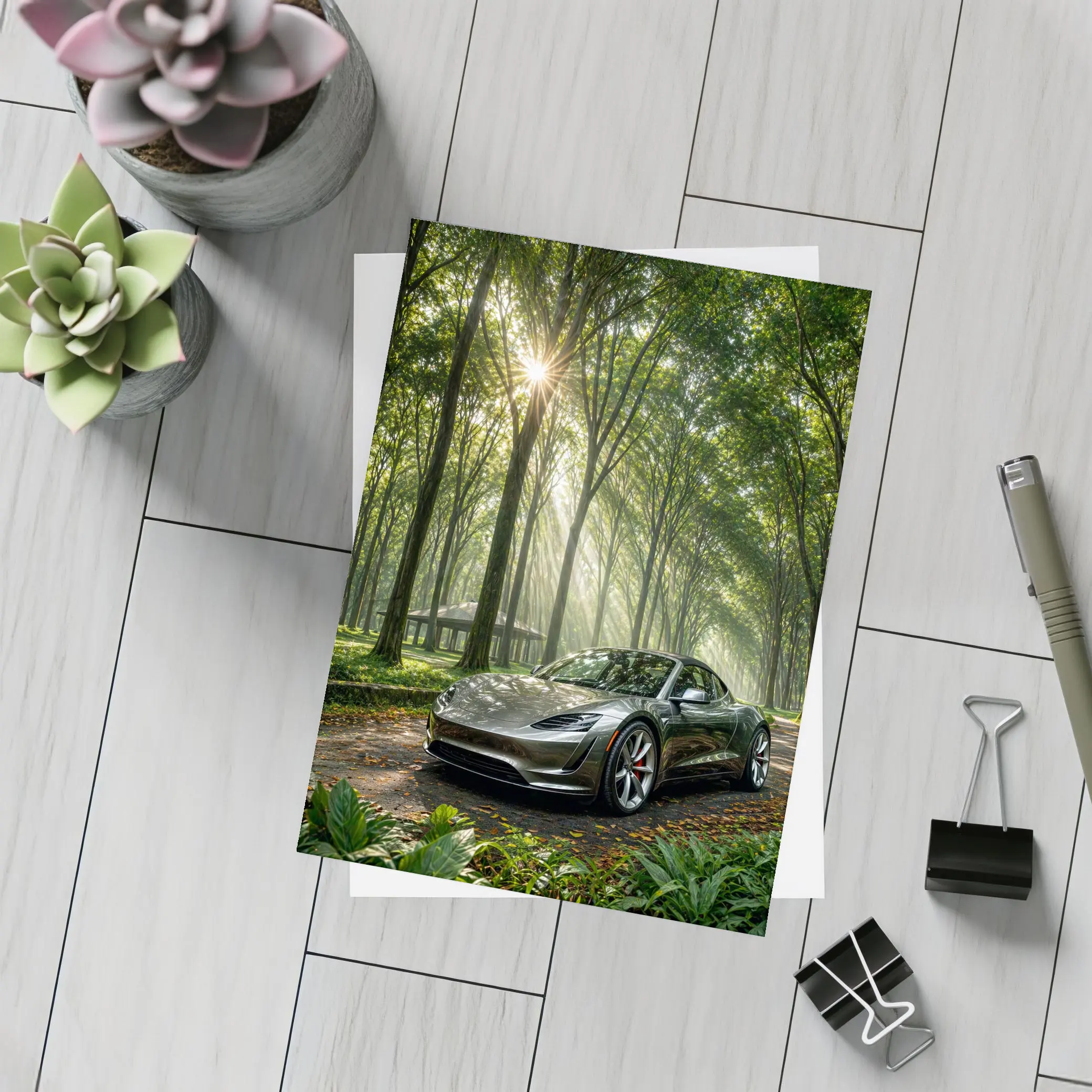 Tesla Roadster Silver Car Forest Sunlight – Postcards